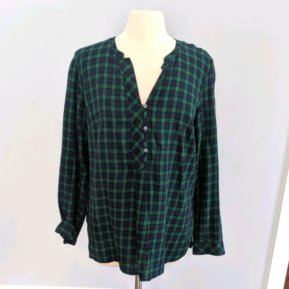 Talbots  Plaid Navy Green  Half Button Blouse XL